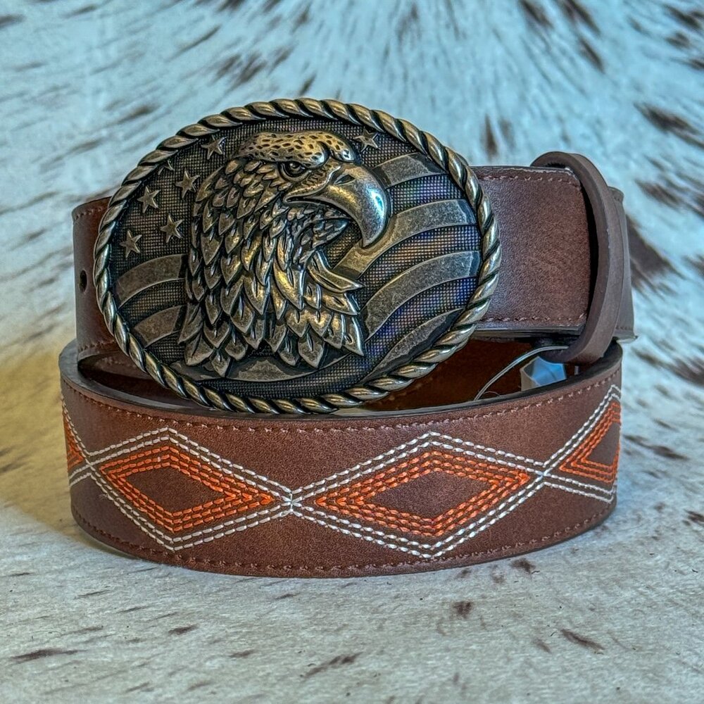 NEW Boys / Girls / Kids Diamond Stitch Western Belt + Eagle Buckle (Medium)
